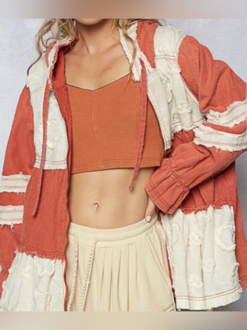 POL Burnt Orange and Cream Hooded Jacket